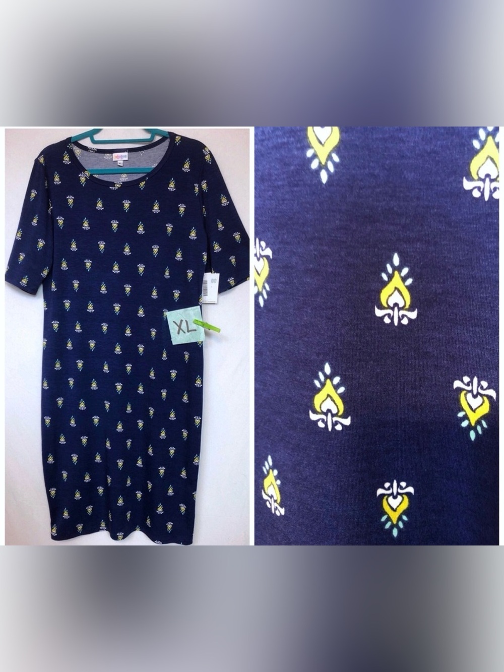 LuLaRoe Navy Midi Dress with Yellow and White Motif